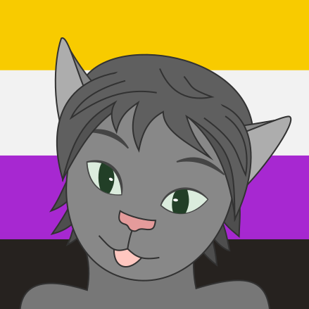 Face of a gray cartoony anthropomorphic cat with green eyes sticking out their tongue.
    The background is the nonbinary flag: Horizontal stripes of yellow, white, purple and black.