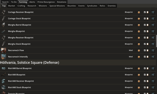 Screenshot of the application, showing a list of missions to play which would yield the most amount of wanted items.