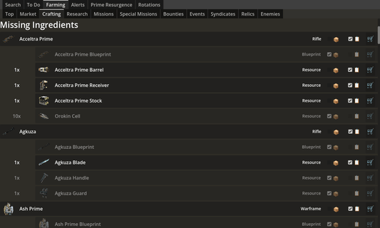 Screenshot of the application, showing a list of items to craft and their required ingredients. Owned ingredients are grayed out.
