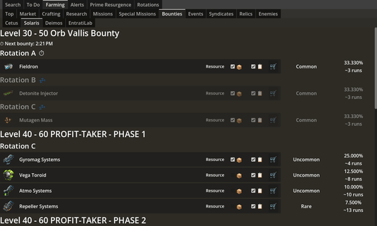 Screenshot of the application, showing a list of Solaris bounties which would yield wanted items.
