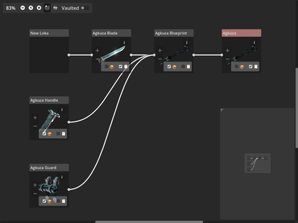 Screenshot of the application, showing a graph of all required items to craft an item called Agkuza. Each node in the graph represents another item, or a mission/vendor where it can be acquired.
